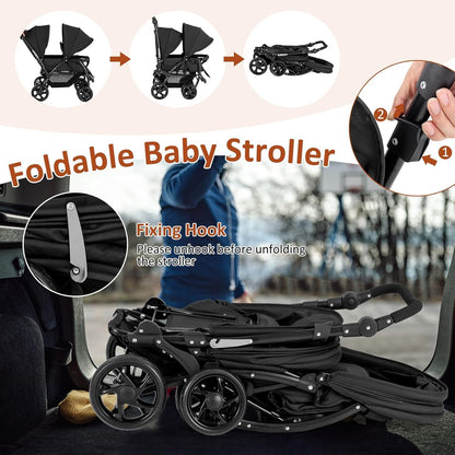 Foldable Twin Stroller, Double Baby Pushchair w/Multi-Level Backrest, Canopy, Handle & Footrest, Safety Belt & Brake System, Travel Tandem Seating Stroller w/Lockable Wheels (Black)