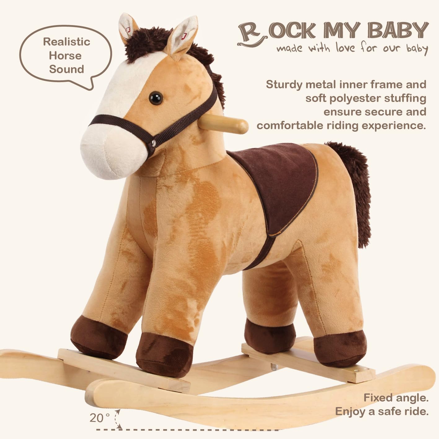 Rock My Baby Rocking Horse, Grey Wooden Horse with Sound Effects,Ride-on Toy,Balance Toy (Light Brown)