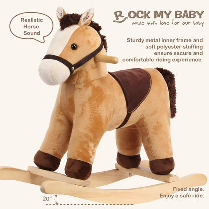 Rock My Baby Rocking Horse, Grey Wooden Horse with Sound Effects,Ride-on Toy,Balance Toy (Light Brown)
