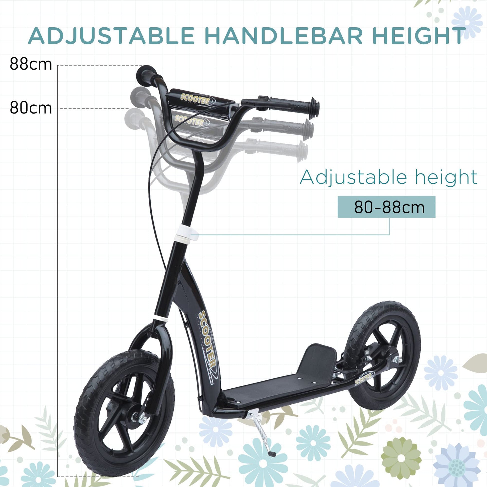 HOMCOM kids scooter with adjustable handlebar, 12" EVA tyres, and rear brake, suitable for ages 5-12, in black.