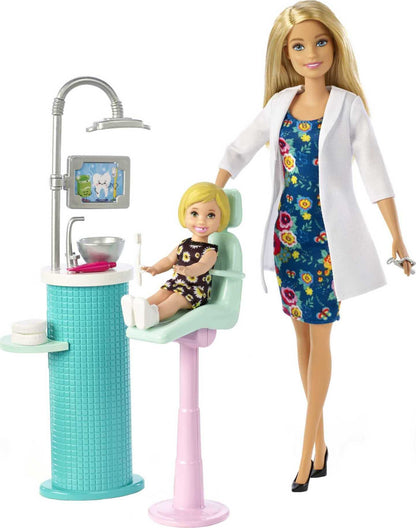 Barbie FXP16 Dentist Doll and Playset with colorful accessories, measuring 32.6 cm tall, designed for imaginative dental play.