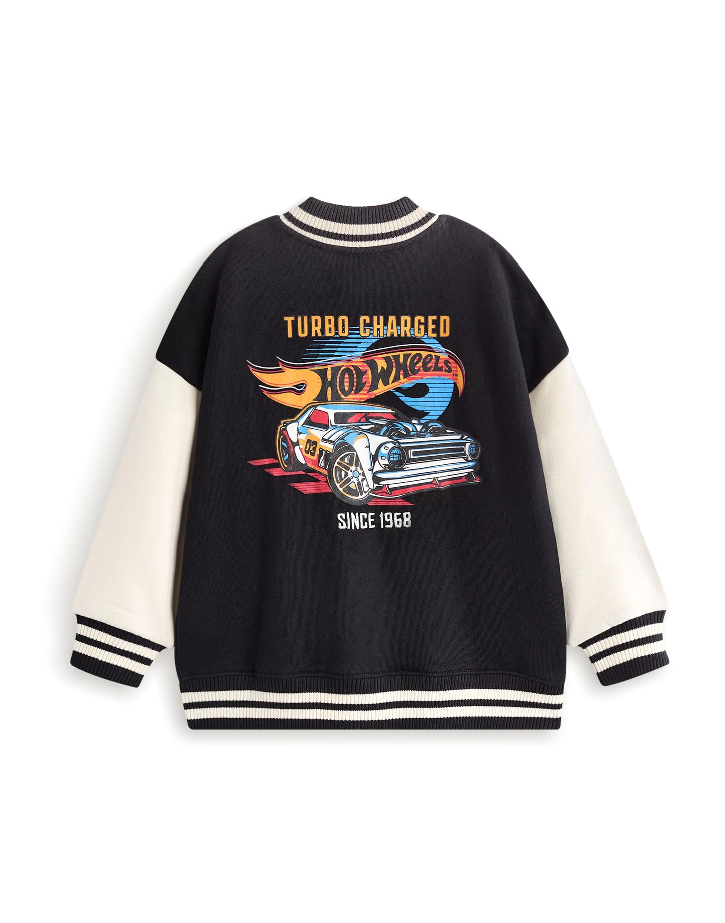 Hot Wheels Boys Bomber Jacket | Kids Flame Logo Graphic Print Varsity Jacket in Black | Childrens Turbo Race Car Print Zipped Baseball Jacket | Model Toy Cars Movie Merchandise Gift