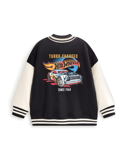 Hot Wheels Boys Bomber Jacket | Kids Flame Logo Graphic Print Varsity Jacket in Black | Childrens Turbo Race Car Print Zipped Baseball Jacket | Model Toy Cars Movie Merchandise Gift