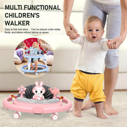 Pink height-adjustable baby walker by Autrfso with foldable design, footrest, small toys, and music for ages 6-18 months.