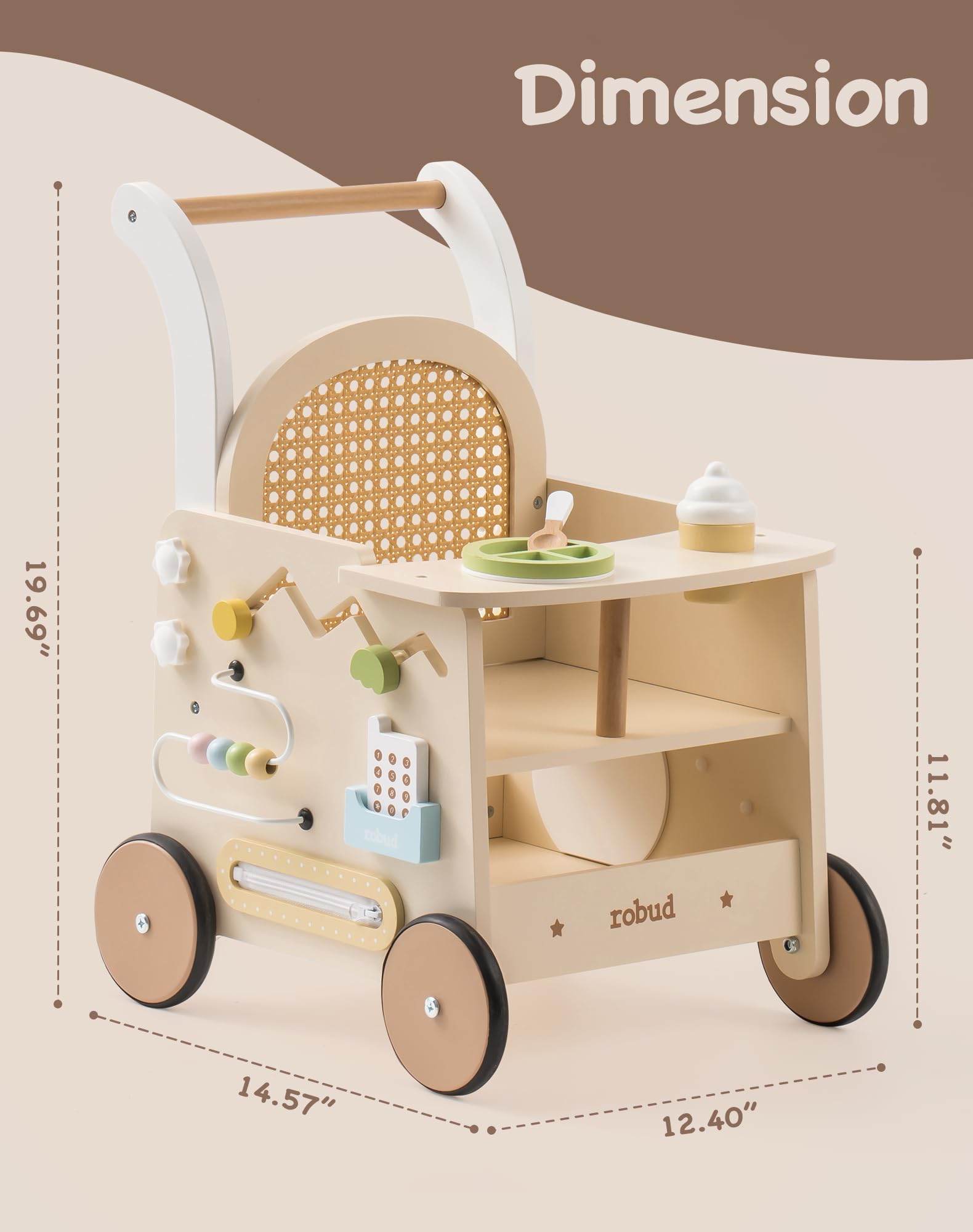ROBUD wooden baby walker with activity center, doll stroller, safety brake, suitable for 1-2 year old toddlers, educational toy gift