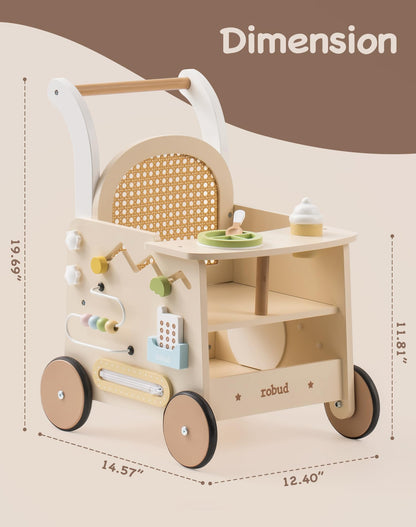 ROBUD wooden baby walker with activity center, doll stroller, safety brake, suitable for 1-2 year old toddlers, educational toy gift