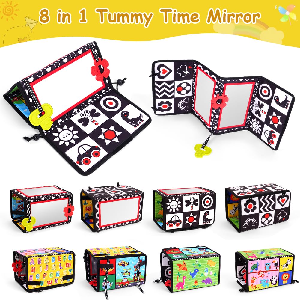 Vicloon Tummy Time Mirror Toys for Babies, Flip Mirror Foldable Baby Toys, Double-Sided Baby Mirrors with High Contrast Patterns, Black and White Babys Sensory Toys for Newborn 0-12 Months