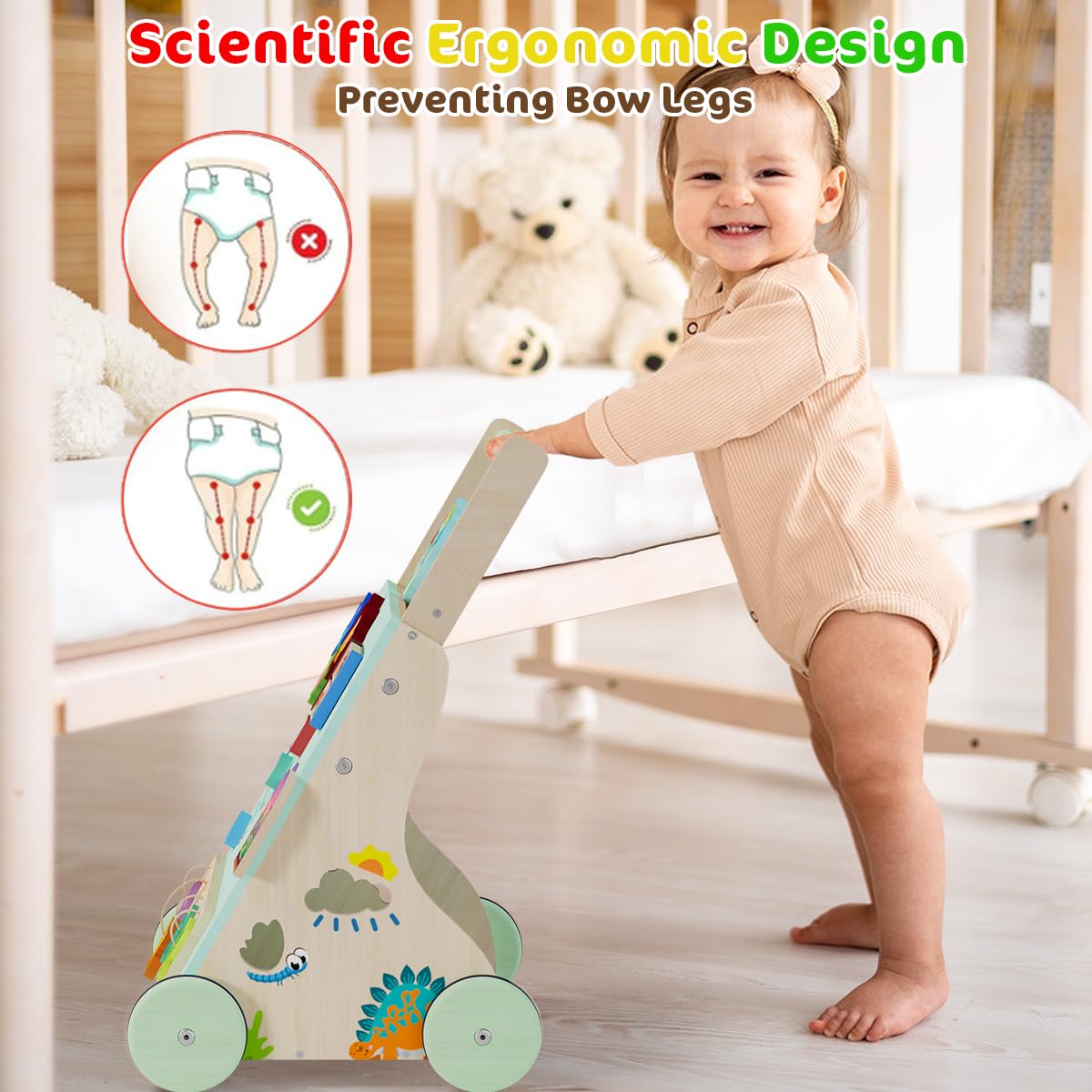 TERRAMUS wooden dinosaur baby walker with colorful wheels, toddler push toy, Montessori activity center for motor skill development.
