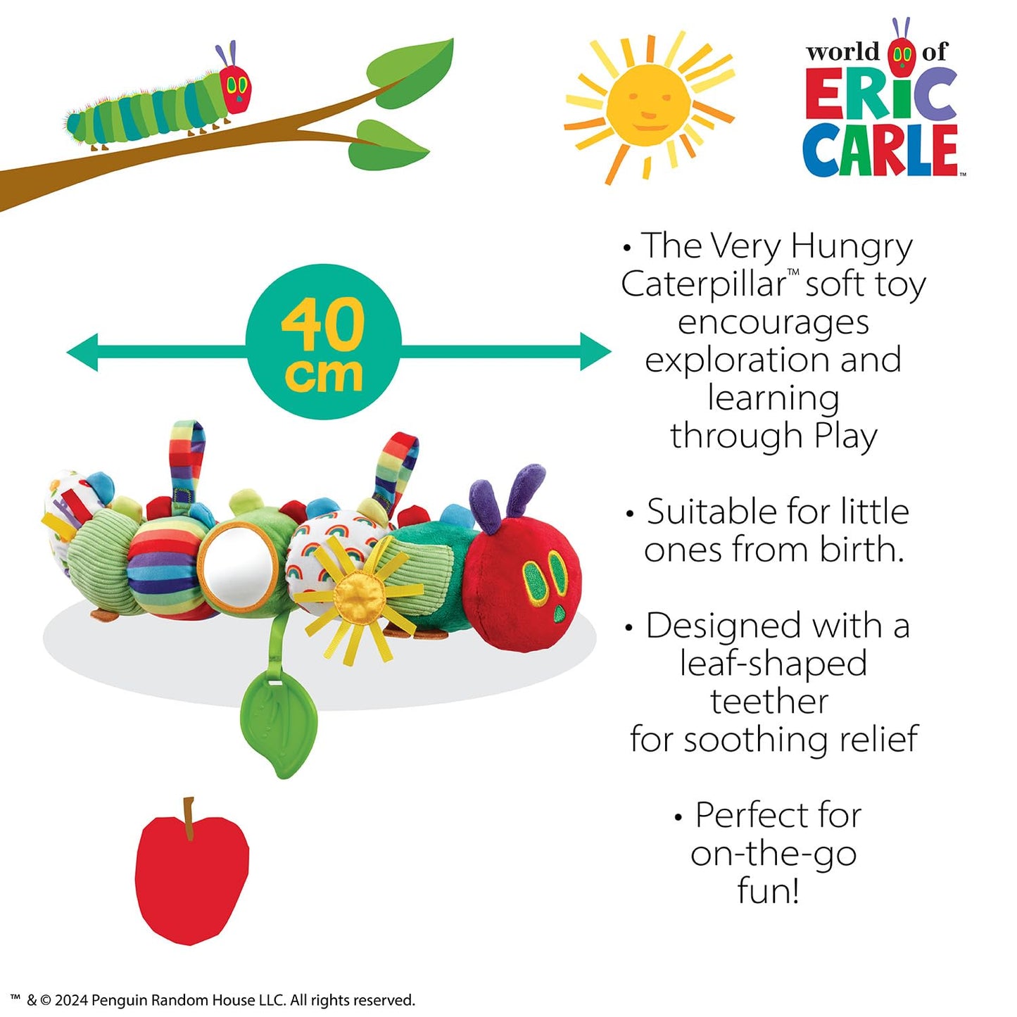 Rainbow Designs Very Hungry Caterpillar Sensory Baby Toy - Soft Activity Toy with Crinkle Sounds, Rattle, Mirror & Teether - Learning Activity Toy for Toddlers- Buggy & Cot Attachable
