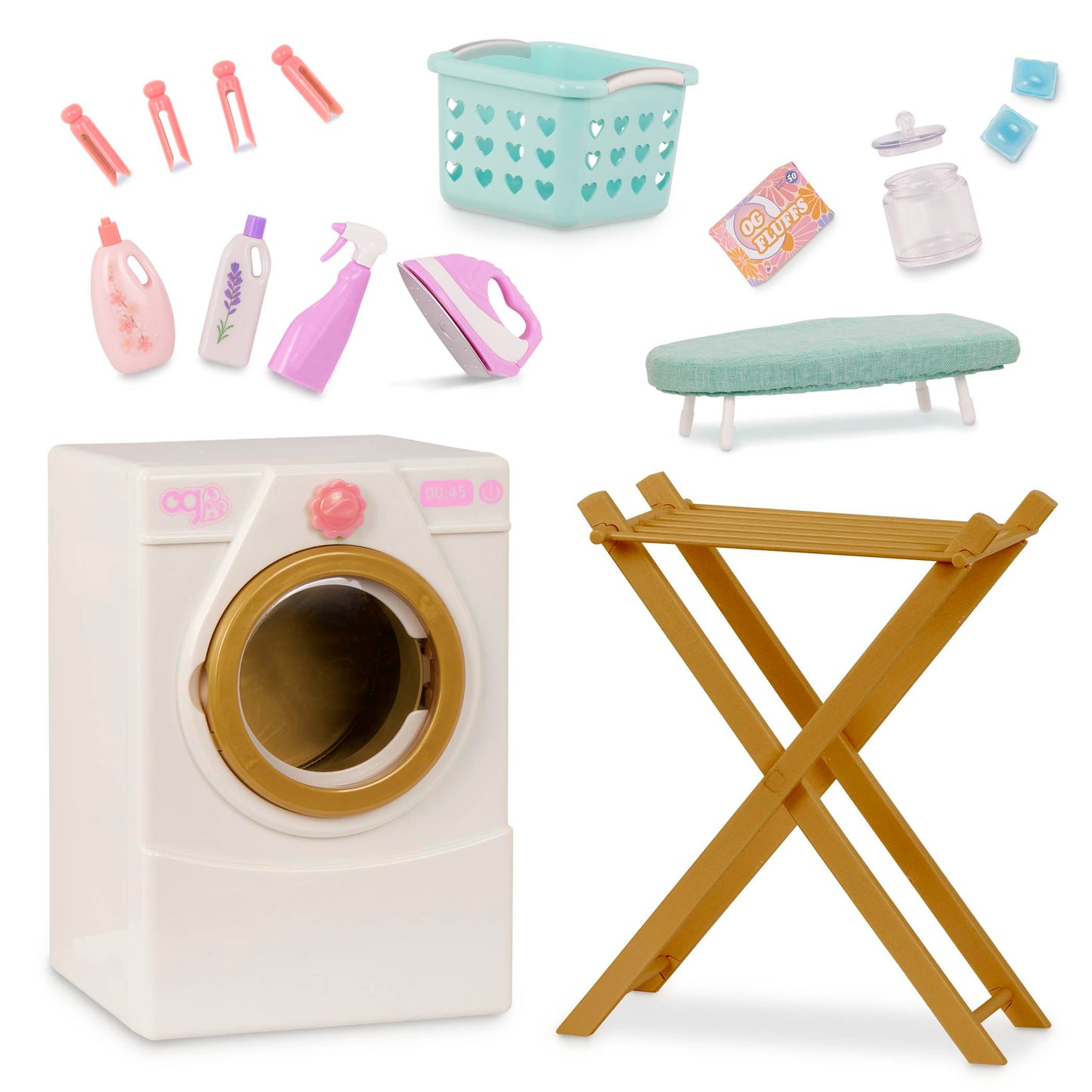 Our Generation doll washing machine with drying rack, iron, and cleaning set for 18-inch dolls in a colorful playroom setting.