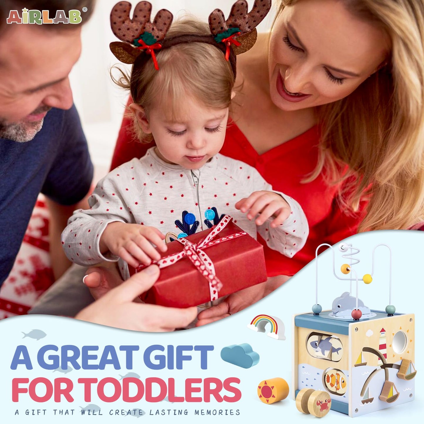 Airlab wooden activity cube with bead maze and shape sorter for babies, educational Montessori toy for 1 year old boys and girls.