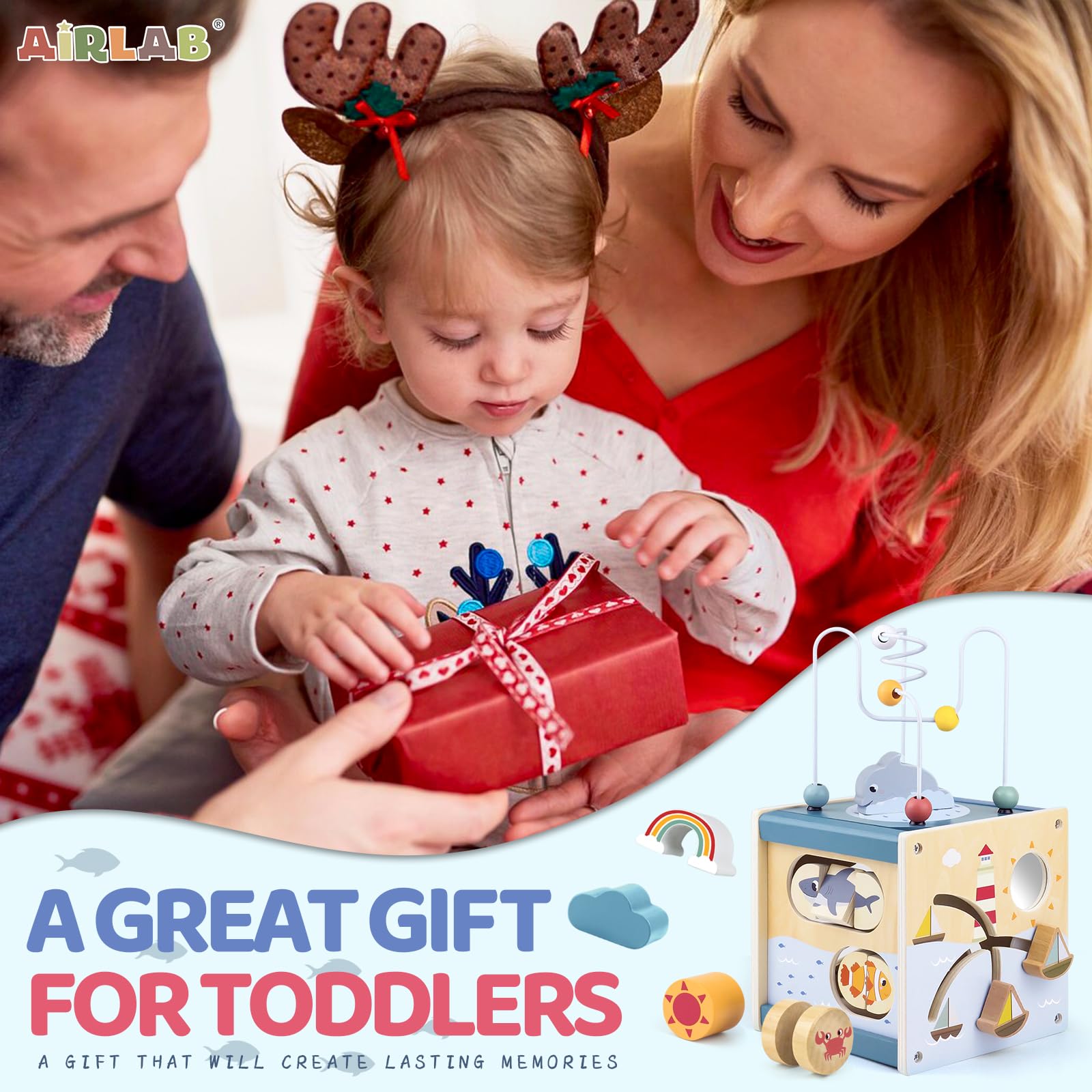 Airlab wooden activity cube with bead maze and shape sorter for babies, educational Montessori toy for 1 year old boys and girls.