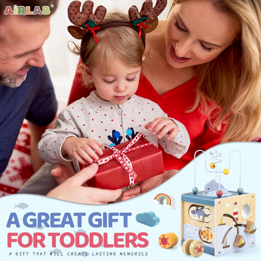 Airlab Wooden Activity Cube Baby Toys for 1 Year Old, 1st Birthday Gifts for Girls and Boys, 12+ Months Montessori Toys with Bead Maze Shape Sorter Educational Sensory Toys for Kids Age 1 2 3