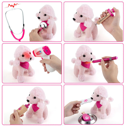 EFO SHM kids doctor set with stethoscope, costume, plush dog, and syringe for imaginative medical role play.