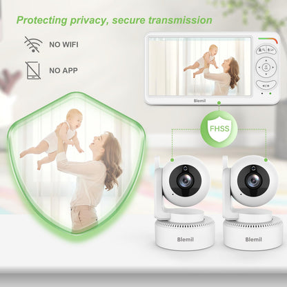 Blemil video baby monitor with two cameras, split screen, night vision, remote pan/tilt/zoom, and 30-hour battery life.