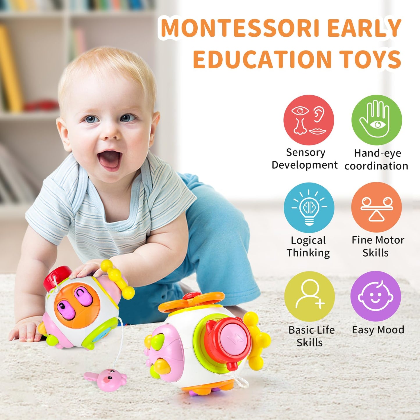 HORJOR Baby Sensory Toys Activity Busy Cube, Suction Toddler Toys for 6-12 Months, Montessori Toys1,2 Year Old Boys Girls Kids Travel Toys