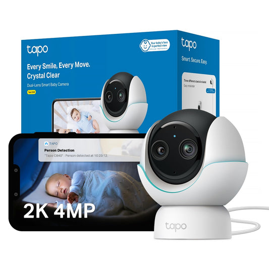 Tapo C840 2K 4MP dual-lens baby monitor with night vision, AI detection, and 360° tracking security camera in a home setting