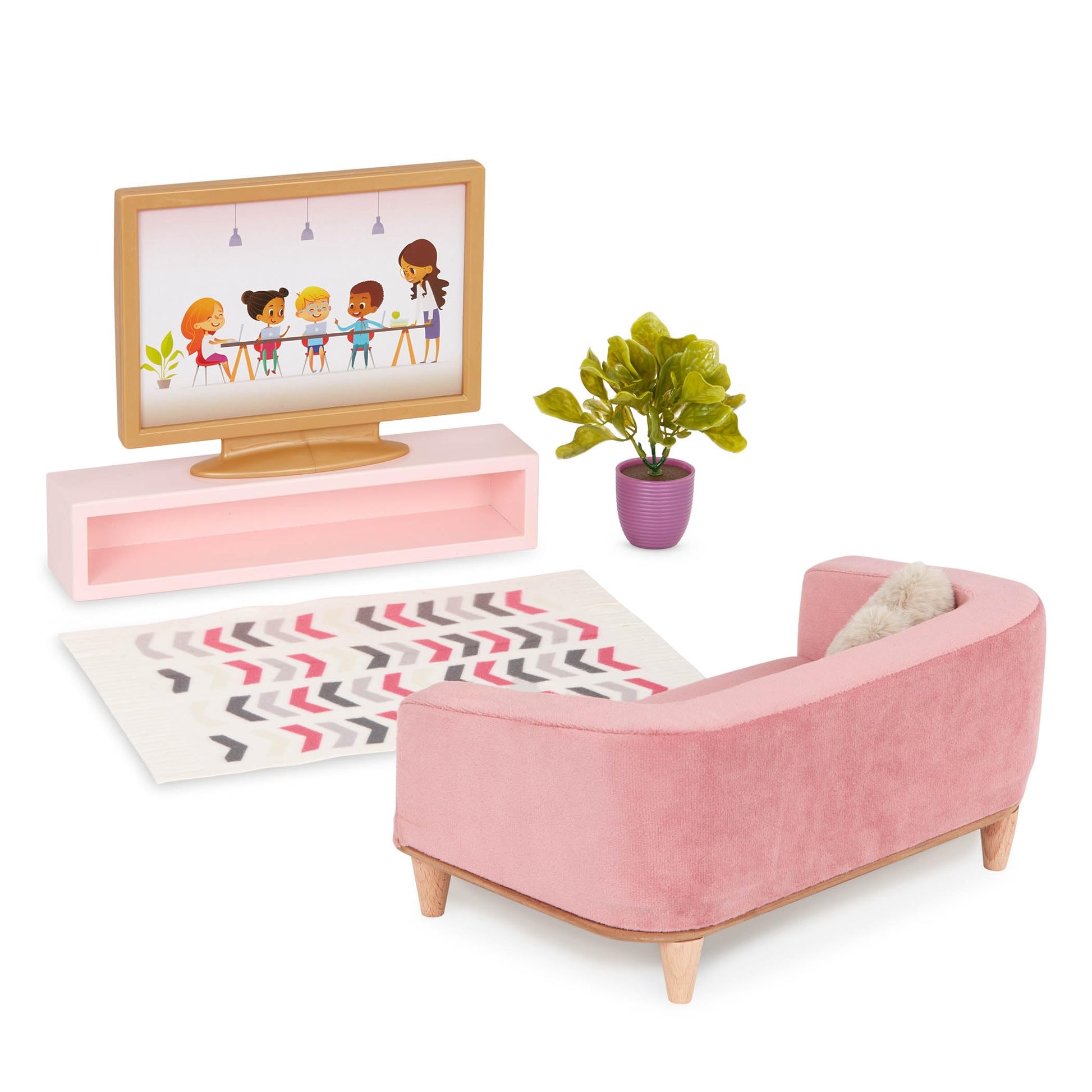 Our Generation OG Lovely Living Room Set with sofa, coffee table, and chair for 18-inch dolls in a cozy setting.