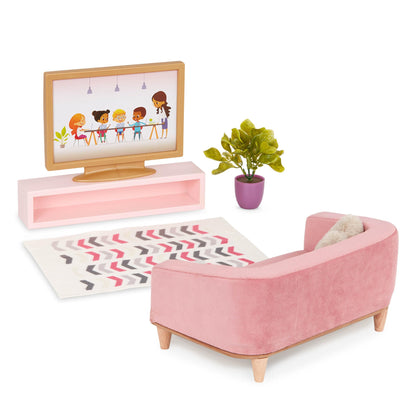 Our Generation OG Lovely Living Room Set with sofa, coffee table, and chair for 18-inch dolls in a cozy setting.