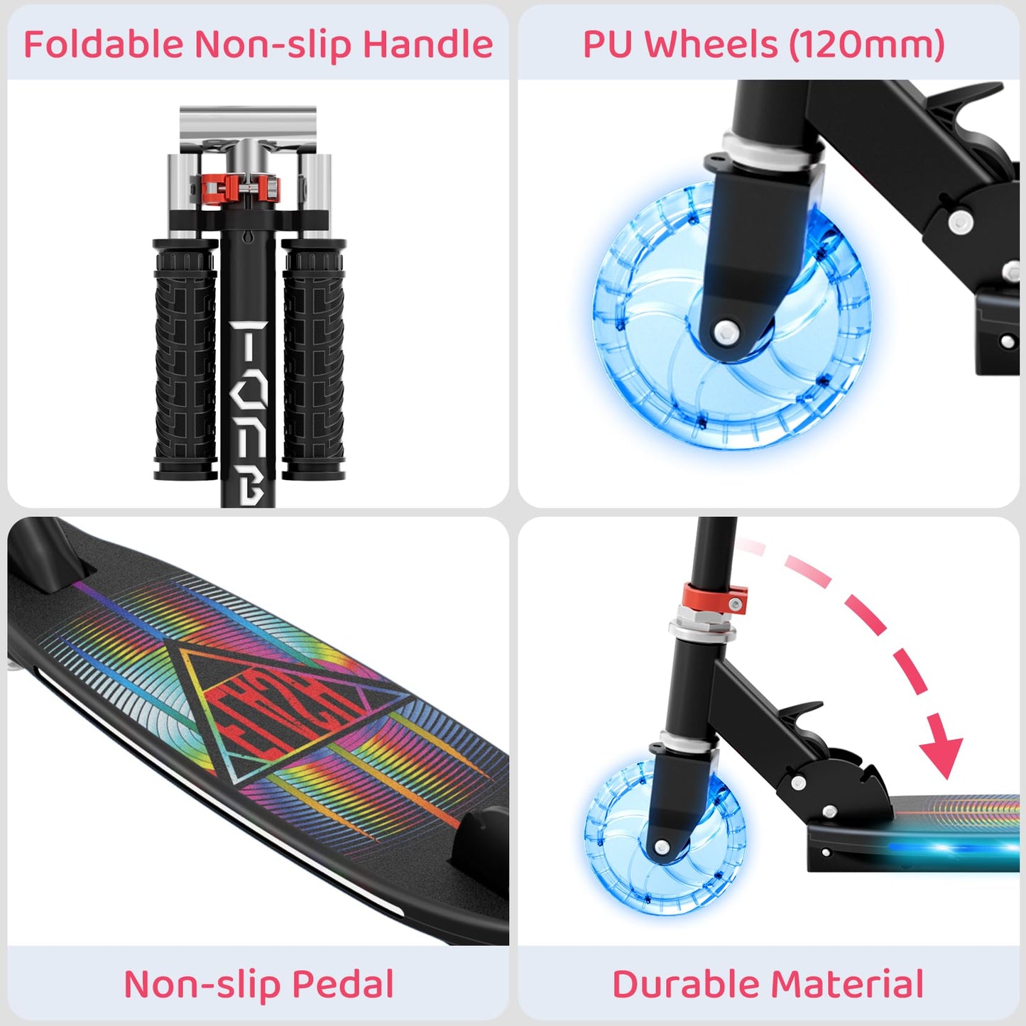 Scooter for Kids Ages 5-12 TONBUX Folding 2 Wheel Kids Scooter with Light Up Wheels & Stem & Deck, 3 Adjustable Height Handle, Lightweight Portable Kick Scooters for Girls Boys Toddler, up to 50kg