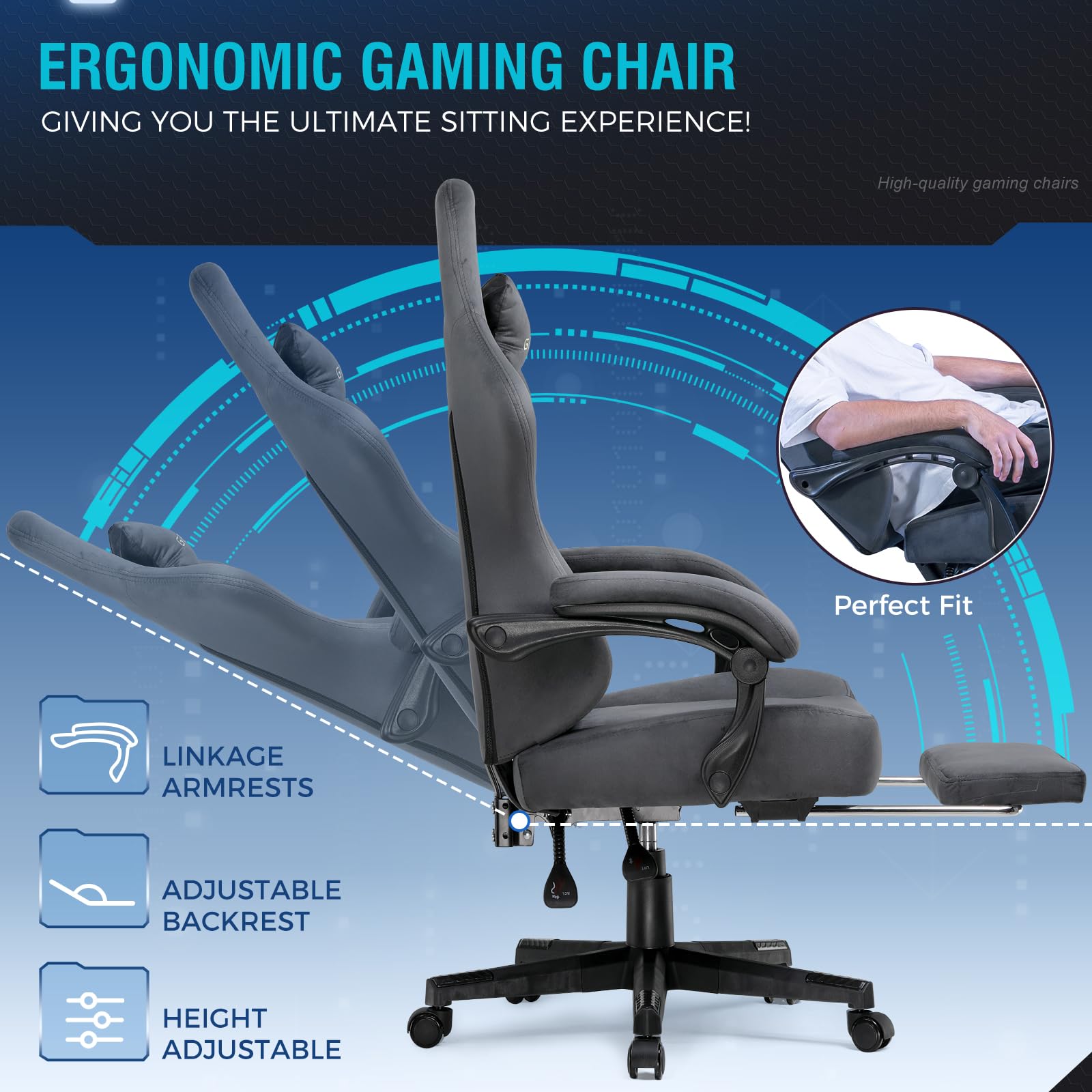 GTPLAYER fabric gaming chair with ergonomic design, adjustable height, lumbar support, footrest, headrest, and 360° swivel for home office