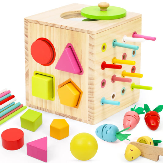 LZDMY Baby Wooden Montessori Toys for 1 year old, Baby Sensory Toys 6 in 1 Activity Cube Balls Drop Carrots Cutting, Educational Sorting Toy for Toddlers Aged 1-3, Babies Birthday Gifts
