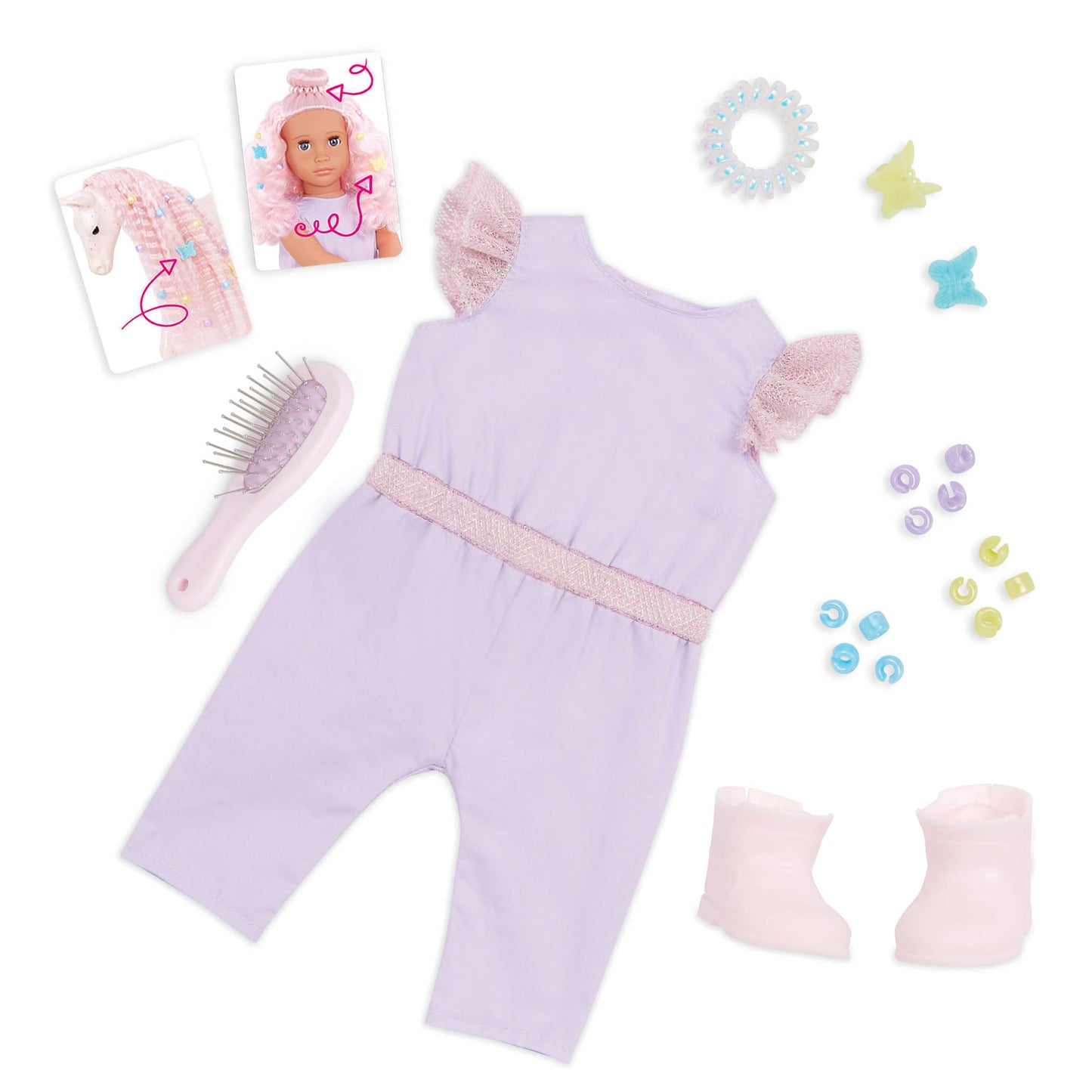 Our Generation Elara doll with pink hair and foal in lilac jumpsuit, featuring hairstyling accessories for creative play.