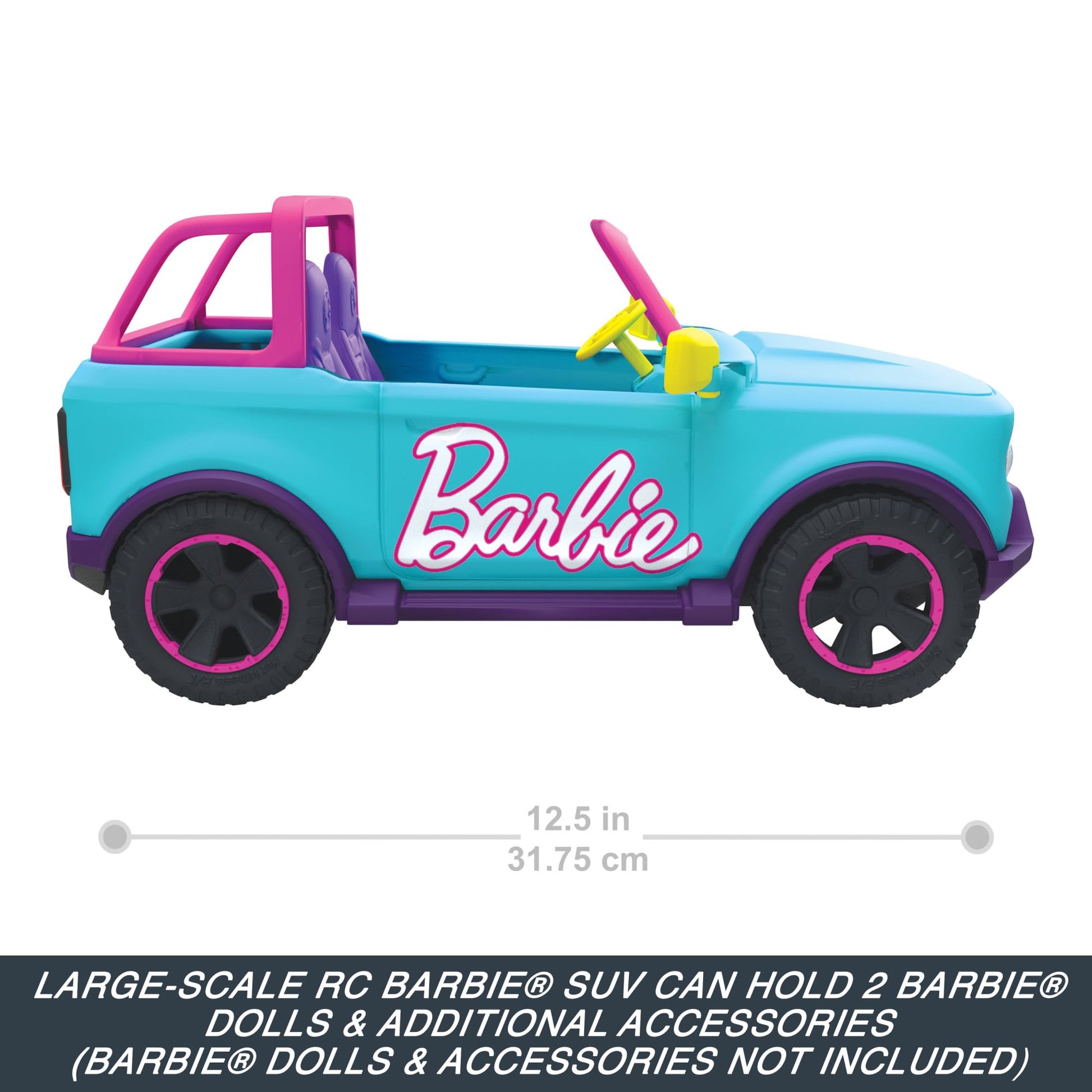 Barbie remote control SUV with space for 2 dolls, accessories, and customizable stickers for kids' fun.