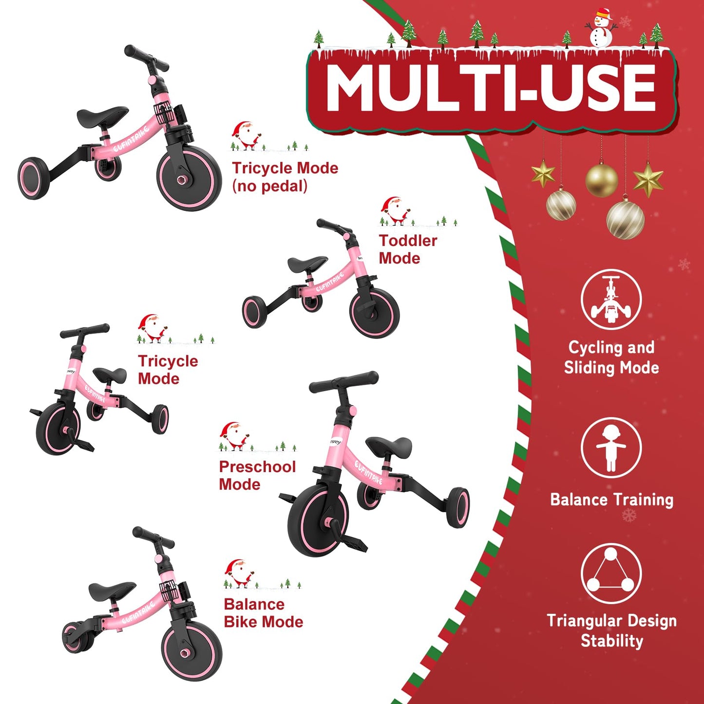 besrey 5 in 1 Toddler Bike for 10 Month to 4 Years Old Kids, Toddler Tricycle Kids Trikes Tricycle, Gift & Toys for Boy & Girl, Balance Training, Removable Pedals - Pink