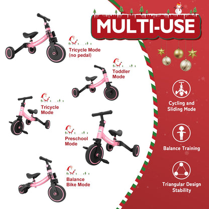 besrey 5 in 1 Toddler Bike for 10 Month to 4 Years Old Kids, Toddler Tricycle Kids Trikes Tricycle, Gift & Toys for Boy & Girl, Balance Training, Removable Pedals - Pink