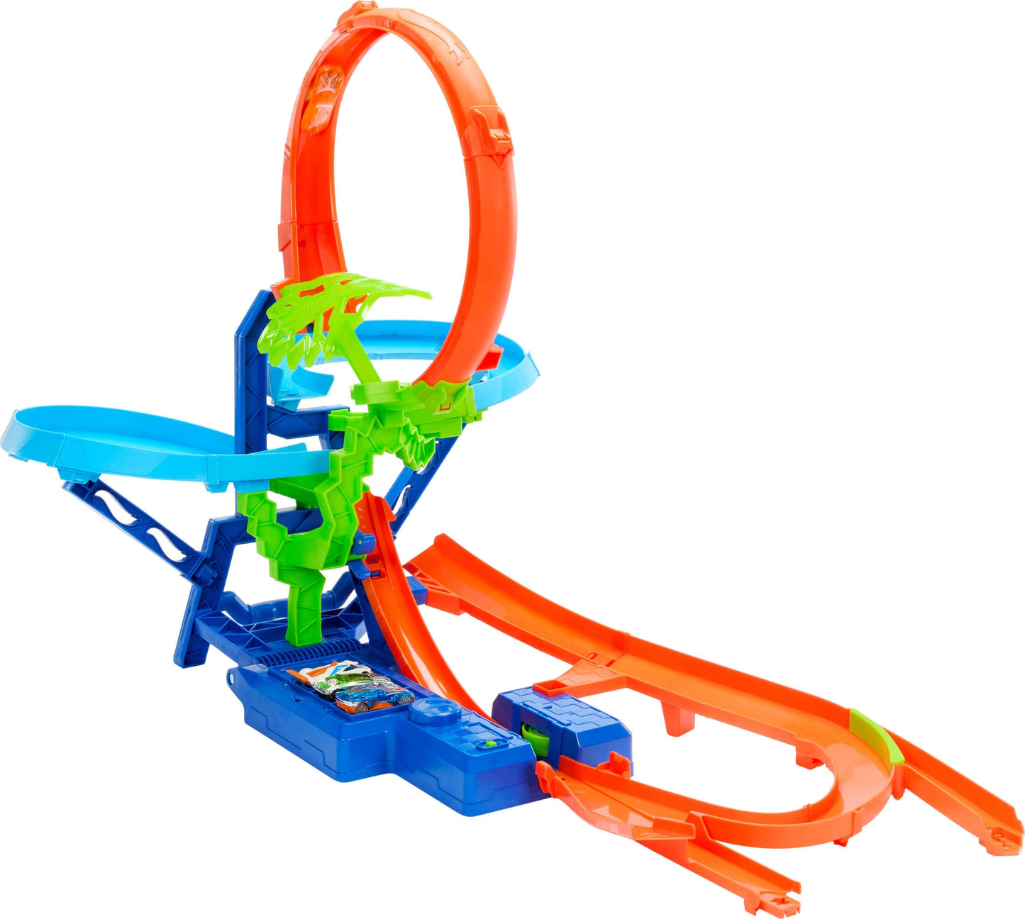 Hot Wheels Stunt Track Mid-Air Crash set featuring a 1:64 scale die-cast toy car and motorized booster for racing fun.