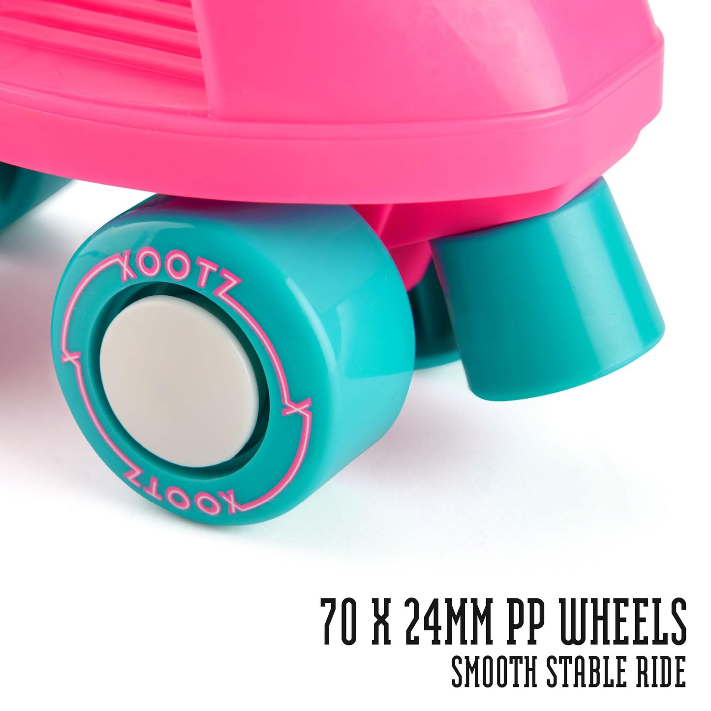 Xootz kids' adjustable quad roller skates with pink and black design, suitable for indoor and outdoor skating for children aged 5+