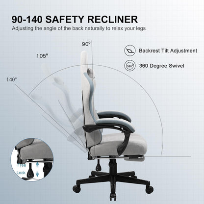 GTPLAYER Fabric Gaming Chair with Footrest, Ergonomic Computer Desk Chair with Pocket Spring Cushion Home Office High Back Support Lumbar Support Heavy Duty Wide