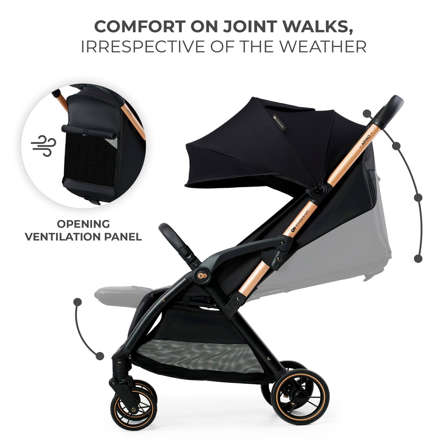 Kinderkraft APINO Buggy up to 22 kg, Reclining Buggy, Stroller, Lightweight - 7.5 kg, Automatic Folding, Adjustable Backrest to Reclining Position, Ideal for Travel, Black