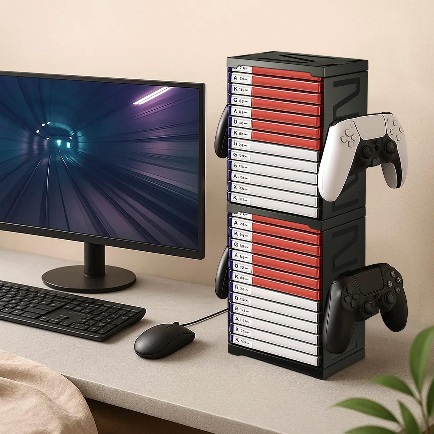 JF HOME BLISS Game Storage Tower Universal Vertical Stand Holds 24 Discs for PS5 Xbox Series X/S Switch PS4 Blu-Ray Double-Tier Organizer with Controller Hooks Space-Saving Design for Gamers