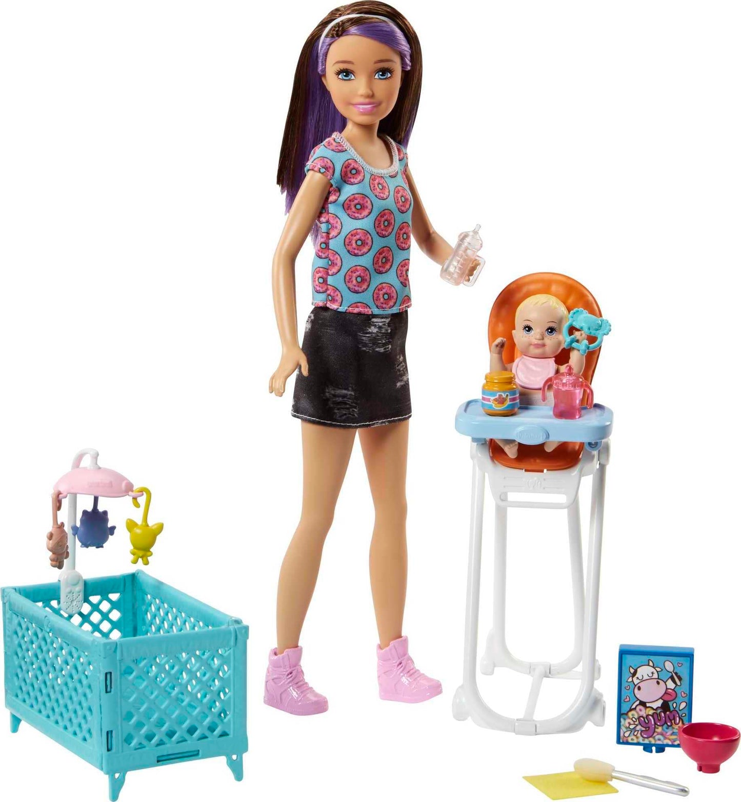 Barbie FHY98 brunette babysitter doll with baby, highchair playset, and accessories in a colorful arrangement.