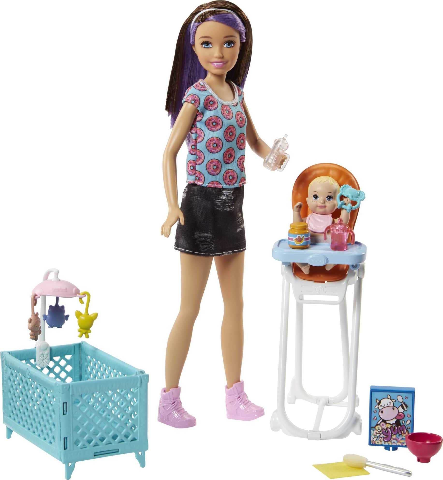 Barbie FHY98 brunette babysitter doll with baby, highchair playset, and accessories in a colorful arrangement.