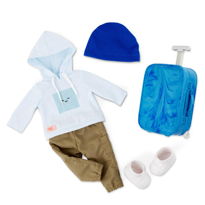 18-inch Our Generation Milo boy doll with travel accessories, including luggage, passport, and sunglasses for realistic play.