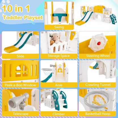 COSTWAY Toddler Swing and Slide Set, 10 in 1 Kids Slide with Climber Ladder, Basketball Hoop, Telescope, Tunnel, Storage Space, Indoor Outdoor Playground for 1+ Years Old (Green + Yellow)