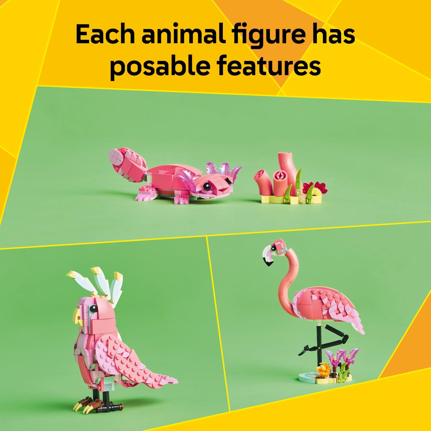 LEGO Creator 3in1 Wild Animals set featuring a pink flamingo toy, cockatoo parrot, and axolotl figures for creative play.