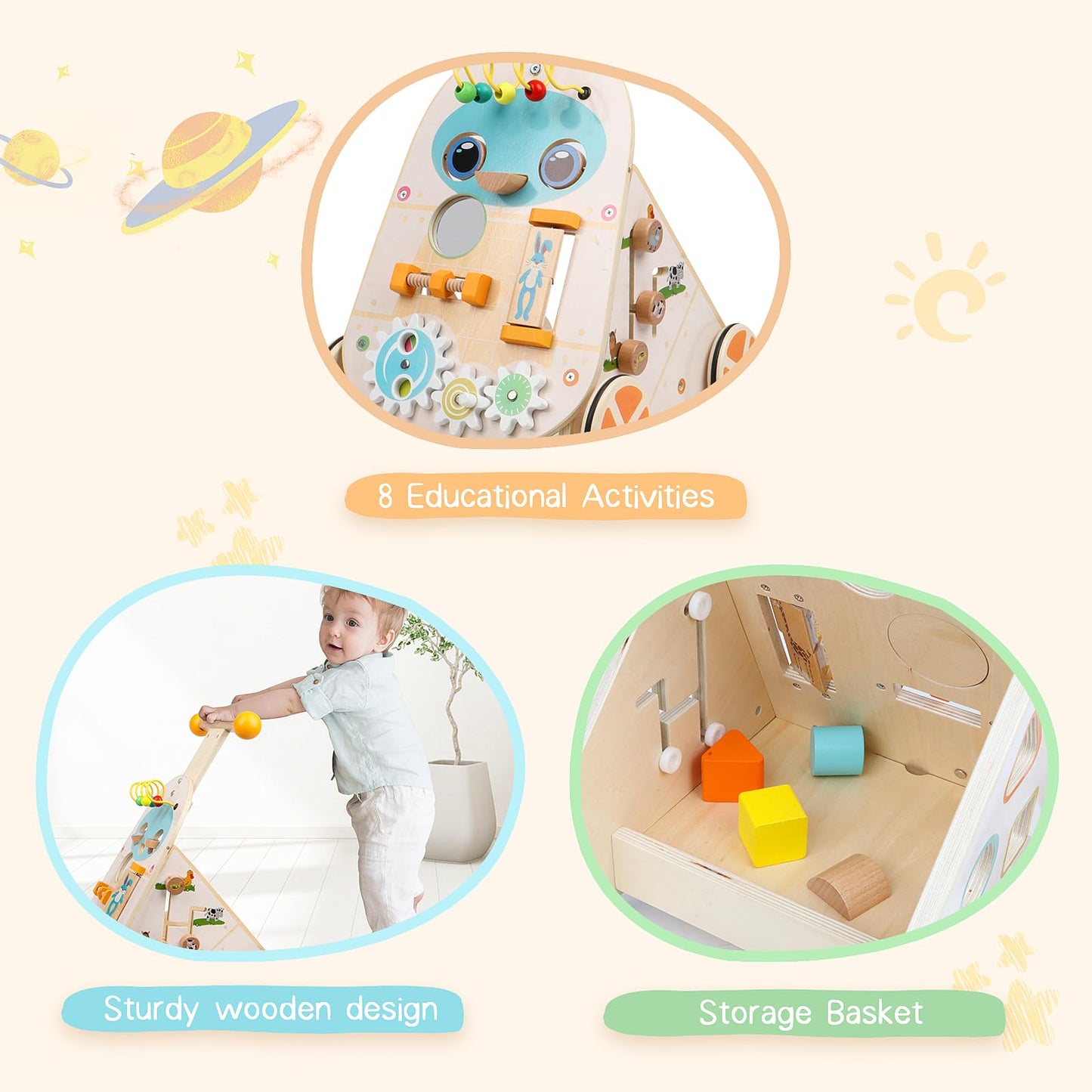 Jacootoys wooden toddler push walker with adjustable speed, 7 educational activities, ideal for boys and girls aged 1 to 3 years