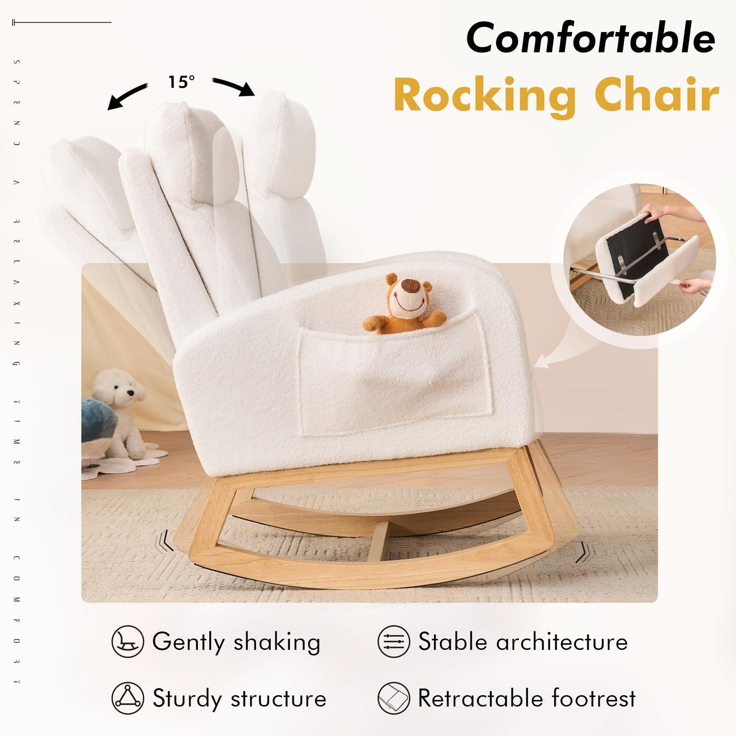 DEKKETO Rocking Chair with Footrest and Headrest, Teddy Wooden Nursing Chairs for adults with Extra Wide Seat and Large Side Pocket, Ergonomic Support for Nursery, Living Room, Ivory