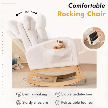 DEKKETO Rocking Chair with Footrest and Headrest, Teddy Wooden Nursing Chairs for adults with Extra Wide Seat and Large Side Pocket, Ergonomic Support for Nursery, Living Room, Ivory