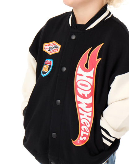 Hot Wheels Boys Bomber Jacket | Kids Flame Logo Graphic Print Varsity Jacket in Black | Childrens Turbo Race Car Print Zipped Baseball Jacket | Model Toy Cars Movie Merchandise Gift
