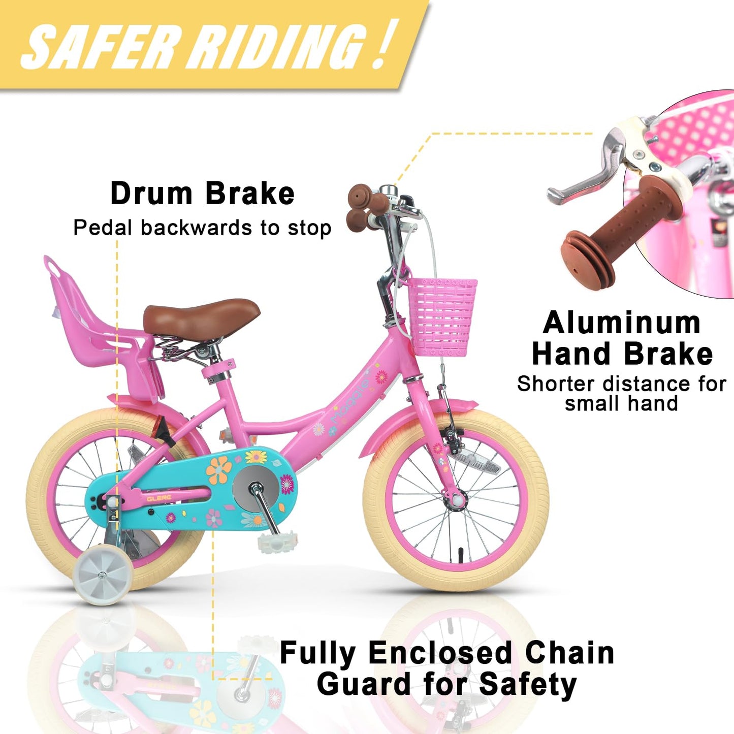 Glerc Maggie 14 Inch Kids Bike for 3 4 5 6 Years Old Little Girls Toddler Bicycles with ith Doll-Seat & Basket & Stabilisers for Gift, Pink