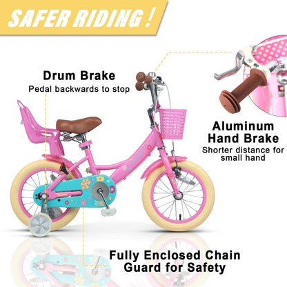 Glerc Maggie 14 Inch Kids Bike for 3 4 5 6 Years Old Little Girls Toddler Bicycles with ith Doll-Seat & Basket & Stabilisers for Gift, Pink