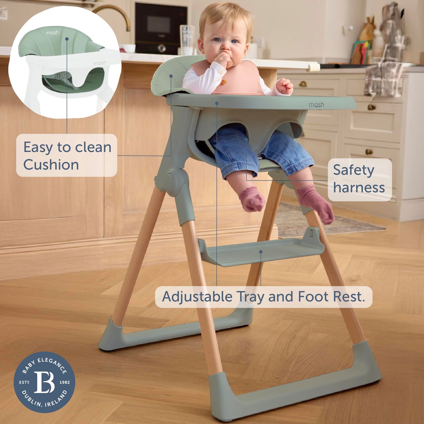 Mash High Chair Bundle by Baby Elegance | Includes Newborn Seat (0-6 Months), Toddler Seat (6+ Months) & Sage Cushion | Adjustable Sage High Chair for Babies & Toddlers