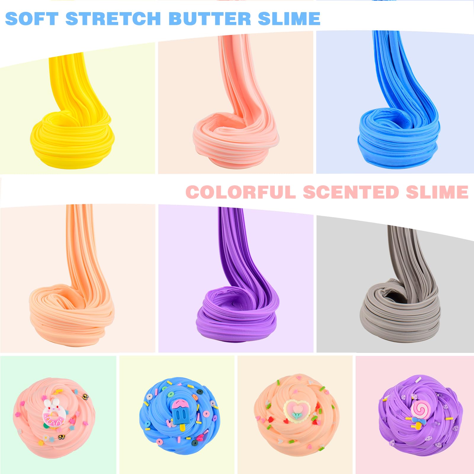 Petyuioyu slime kit with 12 colorful slime putty pieces, including butter and crystal slime, soft, non-sticky, perfect for kids' party favors.