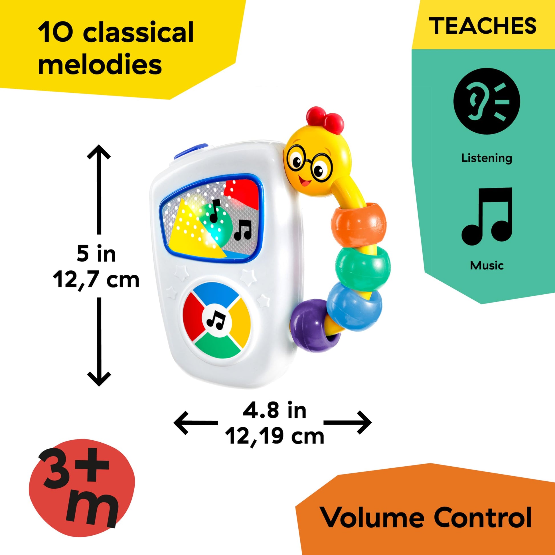 Baby Einstein Take Along Tunes musical toy with lights, beads, and 10 melodies for early development, suitable for ages 3 months+.
