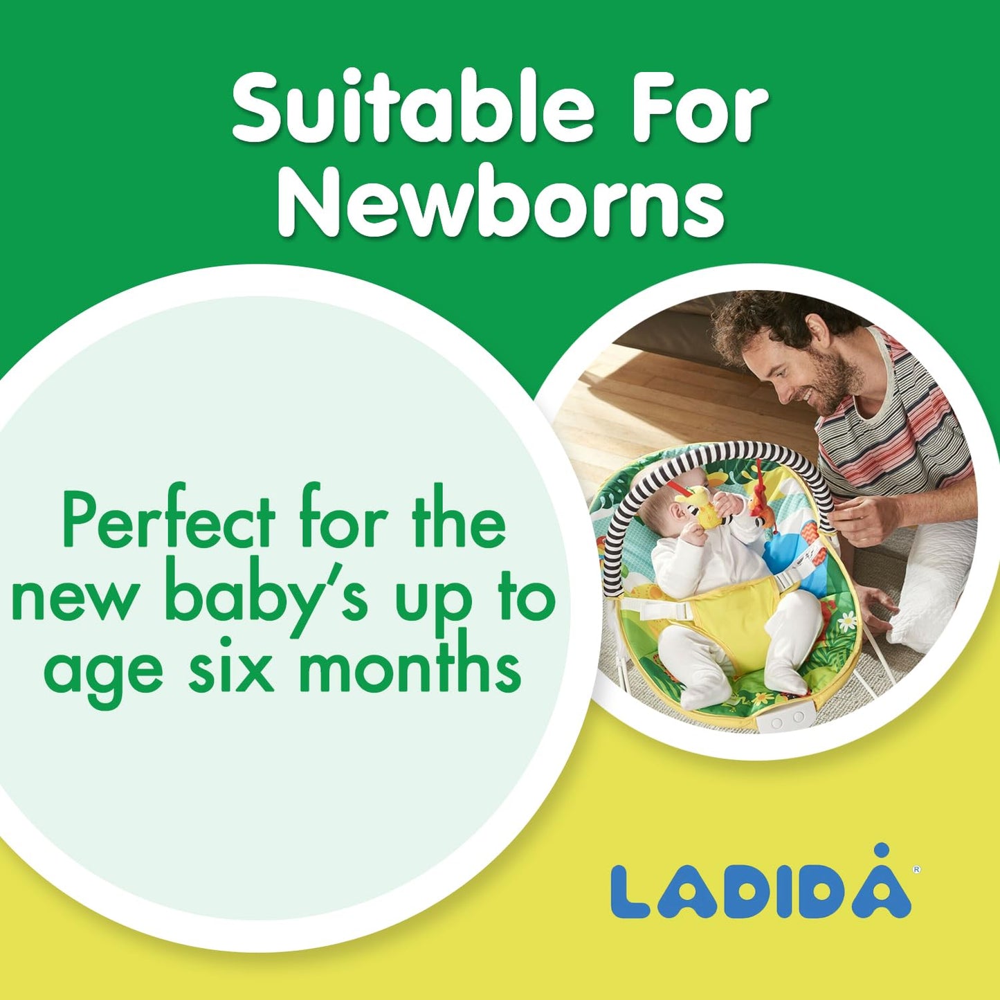 LADIDA Baby Bouncer, Bright and Colourful Safari Theme, Soothing Music and Vibration to Relax and Entertain Baby